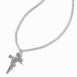 Silver-tone Long Nail Cross Rose Pendant Necklace