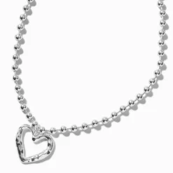 Silver-tone Melted Heart Pendant Shot Bead Necklace