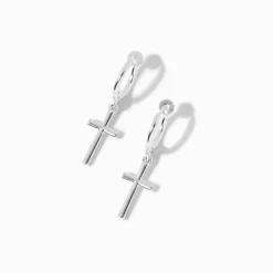 Silver-tone 20mm Cross Clip-On Hoop Earrings