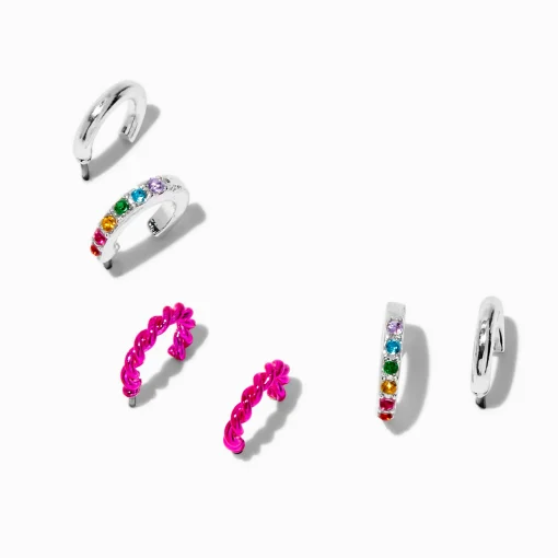 Silver-tone Pink Rainbow Hoop Earring Stackables Set - 3 Pack