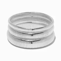Silver-tone Ribbed Stackable Bangle Bracelets - 3 Pack