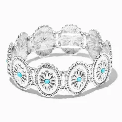 Silver-tone Round Filigree Turquoise Flower Medallion Cowgirl Stretch Bracelet