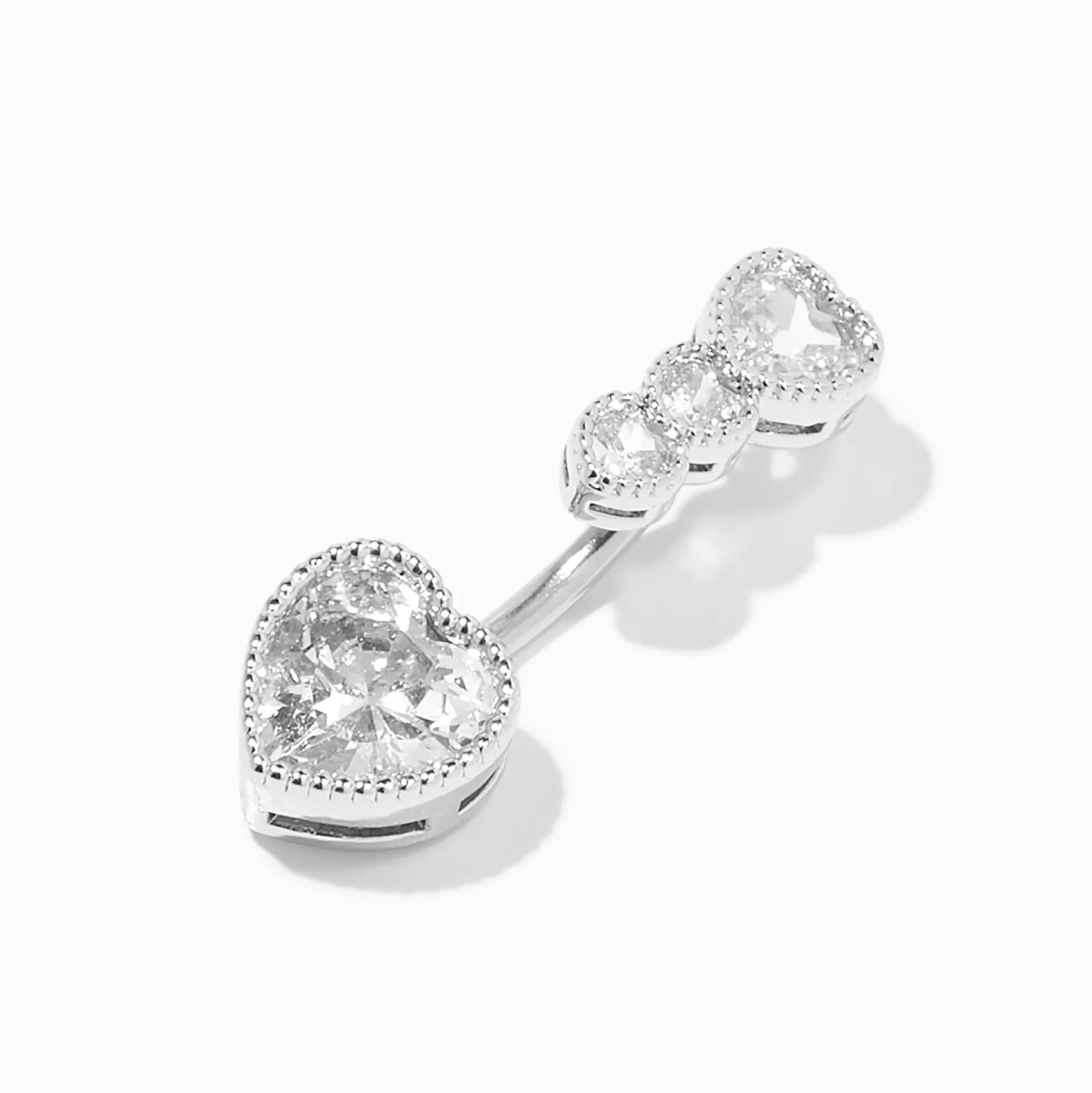 Silver-tone Stainless Steel Crystal Hearts 14G Belly Bar
