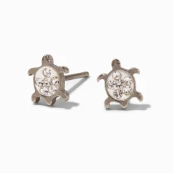 Silver-tone Titanium Crystal Turtle Stud Earrings