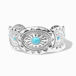 Silver-tone Turquoise Medallion Band Cuff Bracelet