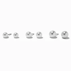 Small White Pearl Stud Earrings - 3 Pack