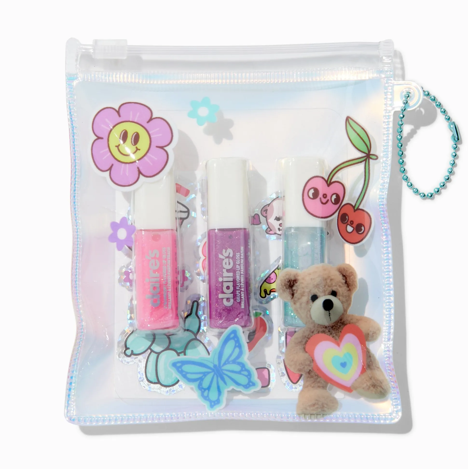 Teddy Bear Pouch Lip Gloss & Sticker Set - 4 Pack