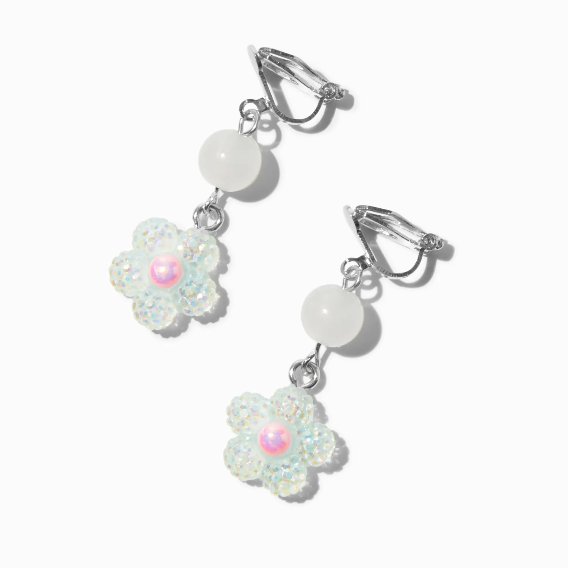 UV Color-Changing White Daisy Clip-On Drop Earrings